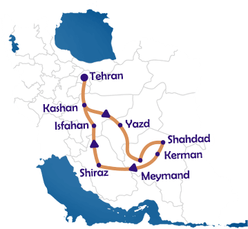 Sands of Time Classic Iran Plus Kerman’s History & Desert Tour Map