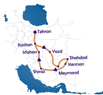 Sands of Time Classic Iran Plus Kerman’s History & Desert Tour Map